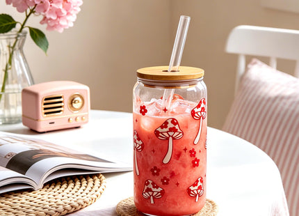 Coquette Cute Glass Cup with Lids and Straws 18OZ Mushroom Iced Coffee Cup