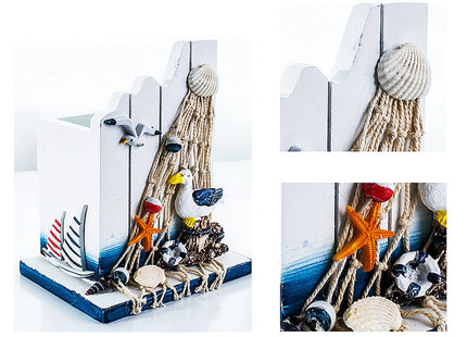 SeaHug Nautical Pen Holder, Coastal Wooden Desk Organizer with Seagull, Starfish and Seashell Details, Small Beach-Themed Pencil Cup for Office Desk, Vanity, Bathroom Counter Decor