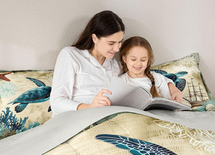 Erosebridal Turtle Bedding Teal Turtle Comforter Set Turquoise Ocean Themed Mediterranean Style Printed Design Ocean Turtle Down Comforter Quilted Duvet Set Full Size 1 Comforter 2 Pillowcases