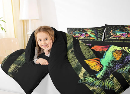 Bass Fish Camouflage Comforter Set Queen Pike Fish Camo Bedding Set for Women Men Room Kids Farmhouse Fishing Decor Comforter Fishman Wild Quilt Set Down Comforter Green Black