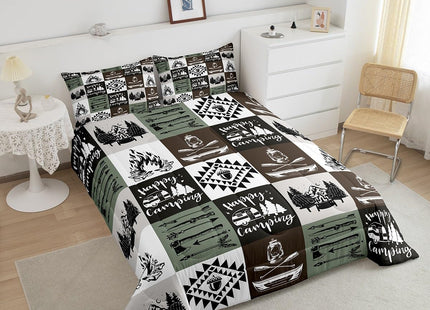 Camping Rustic Comforter Set Brown Green Plaid Jungle Adventure Bedding Comforter for Kids Teens Adults Pine Trees Lake Boat Tribal Grid Bedroom Quilt Set with 2 Pillowcases Queen Size 3 Pcs