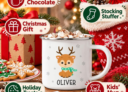 Andaz Press Kids Personalized Cute Snowflake Christmas Animals 11oz. Stainless Steel Campfire Hot Chocolate Mug, Baby Reindeer Custom Name 1-Pack, For Children, Christmas Ideas Xmas Campfire Mugs