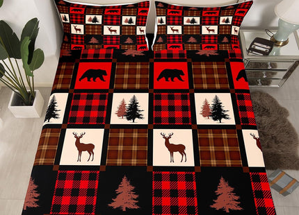 Erosebridal Rustic Deer Bed Sheets for Kids Teens Adult,Deer Patchwork Sheet Set Twin,Retro Burgurdy Buffalo Plaid Check Bedding Set,Hungting Animal Wildlife Fitted Sheet + Flat Sheet + 1 Pillowcase