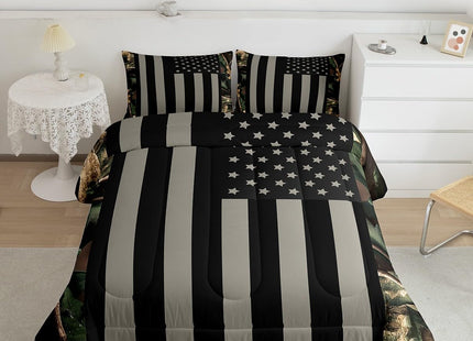 Camo American Flag Comforter Set Twin Woodland Military Hunting Bedding Set Army Green Tree Branch Camouflage Comforter for Boys Teens Adults Men,Grey Black USA Striped Flag Bedding Quilted 2 Pcs