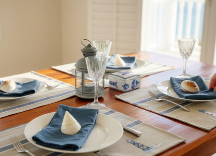 Nautical Placemats – Set of 4 –– Cotton Decorative Embroidered Design - Natural, Navy Blue and White (Lighthouse)