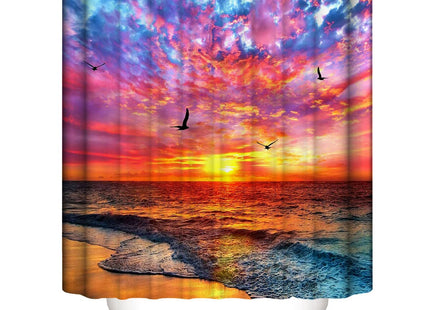 DDS-DUDES Beach Shower Curtain Bathroom Sets with Shower Curtain and Rugs Sunset Seagull Ocean Sunrise Sand Summer Holiday Seashore Waterproof Polyester Decor with Hooks 71x71 inch