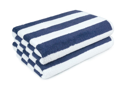 Amazon Basics 100% Cotton Soft & Absorbent Beach Towels, Cabana Stripe, Fast Drying, Machine Washable, Large 30 in x 60 in, Navy Blue, 2-Pack