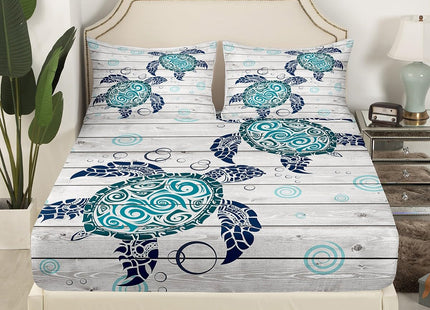 Manfei Sea Turtle Sheet Set Queen Size Ocean Animal Theme Bed Sheet Set 4pcs with Deep Pocket Fitted Sheet + Flat Sheet + 2 Pillowcases Underwater Aquatic Reptile Bedding Set for Kids Boys Girls