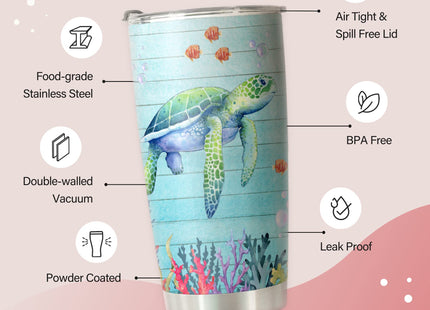 HOMISBES Sea Turtle Gifts for Women - Stainless Steel Sea Turtle Wisdom Tumbler Cup 20oz for Turtle Lover - Ocean Beach Themed Gifts For Women Novelty Turtle Mug With Lid Animal Lover Gift