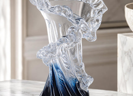 Blue White Clear Wave Gradient, Hand Blown Glass Vase Unique Art Decorative Vase for Ocean Inspired Coastal Home Decor, Centerpiece for Modern Office, Entryway Table