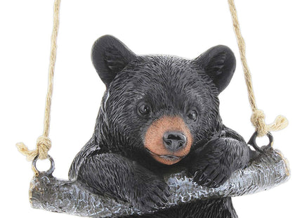 Playful Resin Black Bear on a Rope Hanging Figurine (Swinging)