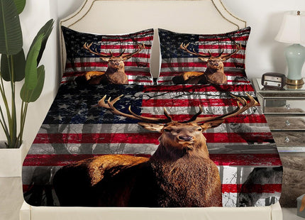 Manfei 3D Deer Fitted Sheet Twin Size American Flag Bedding Set 2pcs for Kids Boys Teens Room Decor, Wildlife Animal Elk Print Bed Cover Stars and Stripes Bed Sheet Set with 1 Pillowcase