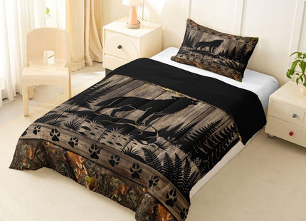 Feelyou Farmhouse Wolf Kids Comforter Set Twin Size Camo Woodland Hunting Bedding Set Rustic Cabin Duvet Quilt for Kids Boys Girls Bedroom Wildlife Animal Decor Microfiber Ultra Soft Breathable