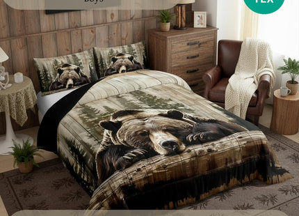 Feelyou Grizzly Bear Comforter Set King Size, Wild Animal Hunting Quilt Set with 2 Pillowcases, Rustic Cabin Farmhouse Bedding Set 3pcs for Kids Boys Teens Room Decor, Western Country Duvet Insert