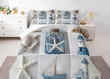Erosebridal Nautical Comforter Set, Beach Theme Duvet Sets Twin Size, Marine Sail Boat Bedding Set for Kids Boys Girls Teens, Lighthouse Pearl Quilted Duvet for Living Room Decor