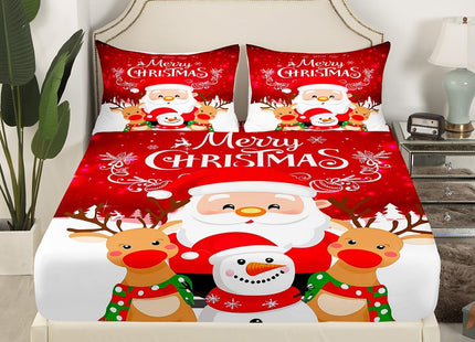 Erosebridal Santa Claus Fitted Sheet with Deep Pocket,Kids Merry Christmas Bed Sheet Full Size Cute Xmas Deer Bedding Set Girls Boys Winter Snowflake Trippy Fitted Sheet 3 Pcs 2 Pillow Cases