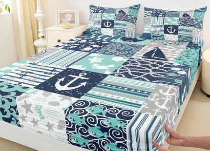 Ocean Nautical Sheet Sets Twin Size,Navy Blue Patchwork Plaid Stripes Bedding Set for Kids Teens Boys Bedroom Decor Anchor Rudder Print Bed Sheet Whale Octopus Sealife Fitted + Flat Sheet 3pcs
