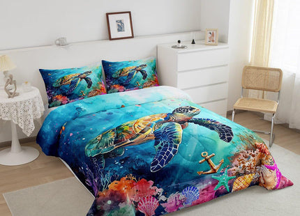 Erosebridal Cute Sea Turtle Bedding King Ocean Animal Comforter Set for Kids Teen Adults, Gradient Tie Dye Down Comforter Pastel Rainbow Bed Set, Coastal Sealife Quilted Duvet Breathable All-Season