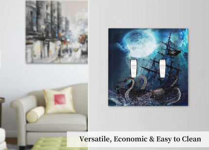 Moon Ocean Nautical Octopus 2 Gang Double Toggle Light Switch Cover Electric Wall Plate Electrical Faceplate for Bathroom Home Living Room Jumbo Size Decor