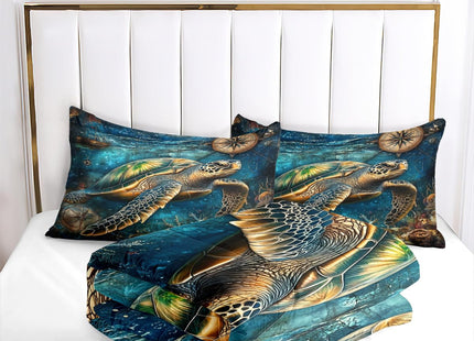 CCoutueChen Sea Turtle Comforter Set King, Turquoise Ocean Animal Lightweight Comforter, Underwater Creatures Bedding Set - 3Pcs Soft Fluffy Microfiber Bed Set with 2 Pillowcases/104 * 90