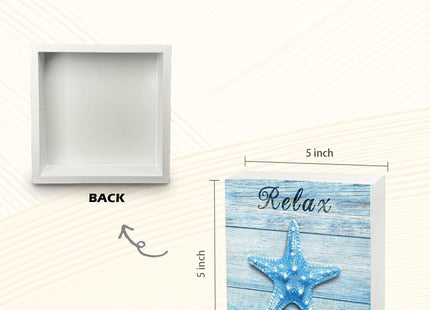 UNCDLV Relax Beach Signs Decor, Rustic Ocean Starfish Blue Wooden Box Sign for Coastal Beach House Bathroom Desk Shelf Decor, Decorations for Home Coastal, 5x5 Inch