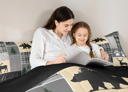 Christmas Farmhouse Cabin Comforter Set, Rustic Bear Deer Bedding Set Full Size Woodland Country Patchwork Quilt for Kids Teens Women, Grid Claw Wildlife Duvet Sets,2 Pillow Cases, Grey Green