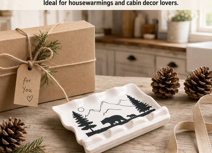 Ceramic Spoon Rest Large Stove Top Utensil Holder Bear Forest Art