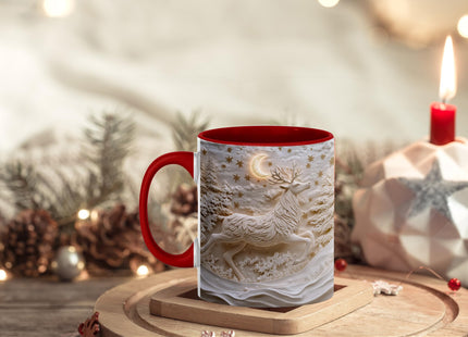 Elegant Reindeer Mug - Winter Moon and Forest Scene - Unique Christmas Ceramic Coffee Cup Gift Idea, 11oz Red