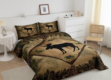 Farmhouse Moose Comforter Set Wild Animal Silhouette Rustic Style Bedding Comforter for Kids Teens Adults Jungle Cartoon Pine Cones Green Leaves Quilt Duvet Set with 2 Pillowcases Queen Size 3 Pcs