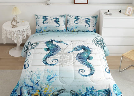 Manfei Hippocampus Comforter Set Twin Size, Sea Turtle Seahorse Octopus Quilt Set with 1 Pillowcase, Nautical Anchor Compass Bedding Set 2pcs for Kids Boy Girls Marine Life Duvet Insert