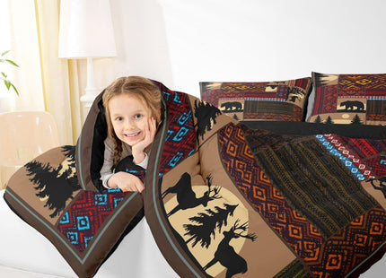 Deer Moose Bear Comforter Set Twin,Boho Aztec Comforter Western Rustic Farmhouse Woodland Bedding Sets,Pine Tree Country Lodge Cabin Quilt Set for Boys Teens Men,Teal Red Brown Stripes Decor 2 Pcs