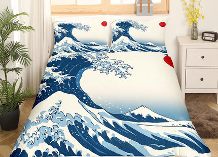 Castle Fairy Waves Pattern Bedding Set Twin Size for Kids Boys Bedroom,Japanese Ukiyo-e Bed Duvet Cover Set,Red Sun Comforter Cover Ocean Decor 2 Pieces 1 Duvet Cover with 1 Pillowcase No Comforter