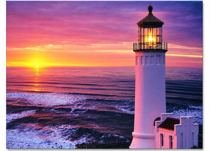BANBERRY DESIGNS Lighted Lighthouse Canvas Wall Art with LED Lights – Nautical Beach Sunset Ocean Decor – Coastal Lighthouse Picture for Living Room, Bedroom & Bathroom – 16” x 12” – Battery Operated