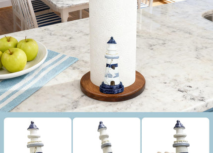 Lighthouse Paper Towel Holder, Nautical Coastal Beach Ocean Decor for Kitchen Bathroom Countertop, Freestanding Wooden Stand, Standard & Jumbo Rolls, Lighthouse Gift for Women