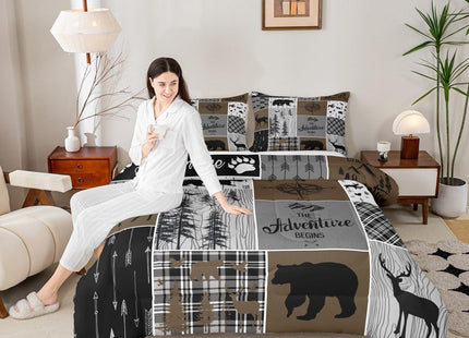 Erosebridal Rustic Patchwork Twin Comforter Set for Boys, Retro Country Farmhouse Quilt Cabin Room Decor, Western Deer Bear Bedding Woodland Wildlife Adventure Camping Duvet Insert, Gray Brown