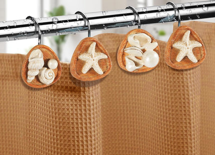 Seashell Shower Curtain Hooks, 12PCS Coastal Shower Curtain Hooks | Decorative Beach Bathroom Decor Accessories, Redwood Finish.