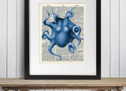 Blue Octopus Wall Art Print - 8x10 Vintage Dictionary Page, Unframed