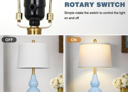 25" Modern Ceramic Table Lamps Set of 2, Blue Double Gourd Ceramic Lamps for Living Room, Coastal Farmhouse Rustic Bedside Nightstand Nautical Lamps for Bedrooms Home Office Dorm(2 LED Bulbs Included)