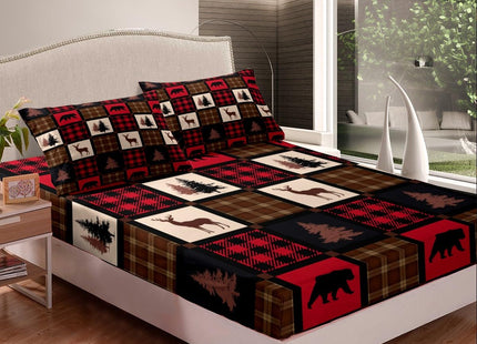 Erosebridal Rustic Deer Bed Sheets for Kids Teens Adult,Deer Patchwork Sheet Set Twin,Retro Burgurdy Buffalo Plaid Check Bedding Set,Hungting Animal Wildlife Fitted Sheet + Flat Sheet + 1 Pillowcase