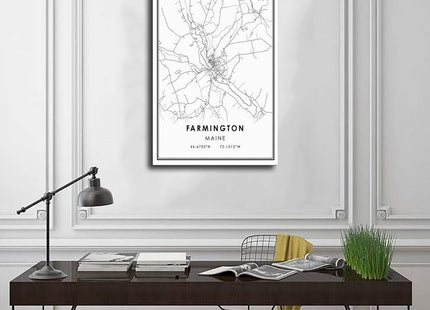 QJWZZong Farmington Maine Map Black And White Lines Minimalist City Topography Canvas Posters Wall Art Bedroom Office Room Decor Gift Frame 12" L X 18" W