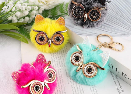 Framendino 6 Pack Fluffy Cute Owl Keychain - Faux Animal Fur Pom Pom Owl Keychain for Bag Decor