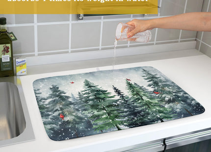 Winter Pine Tree Dish Drying Mat for Kitchen Counter 16x18 Inch Winter Snowflake Xmas Forest Dish Draining Mat Christmas Decorations Fast Absorbent Tableware Dishes Pad for Coffee Bar Countertop