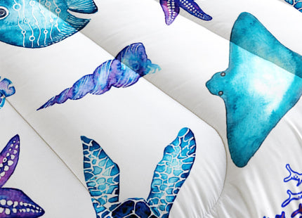 XYNHML Blue Sea Turtle Comforter 3Pcs Ocean Bedding Set Full Coral Starfish Shell Fish Bedding Set for Kid Teen Girl Boy Adult Bed Decor Conch Manta Ray Quilt with 1 Comforter and 2 Pillowcases