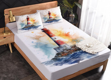 zcsm Lighthouse Sheets Twin Sheet Set - Nautical Bed Sheets, Soft Microfiber & Deep Pocket & Wrinkle Free Patterned Bedding Sheets & Pillowcases, 3 Piece (1 Fitted Sheet, 1 Flat Sheet, 1 Pillow Case)