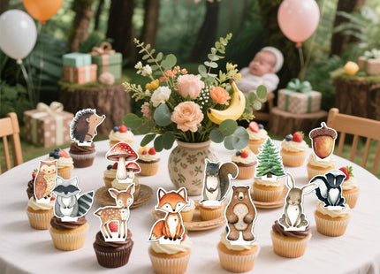 48 Woodland Cupcake Topper, Forest Animal Cupcake Toppers for Woodland Baby Shower Decorations, Neutral Forest Animals Gender Reveal Party Supplies