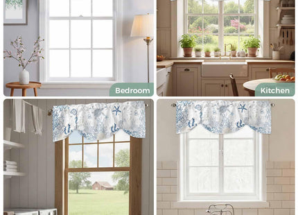 Blue Sea Turtle Tie Up Valance Curtain for Kitchen Living Room Bedroom Bathroom Cafe, Rod Pocket Small Short Window Drape Panel Adjustable Drapary Print, Coastal Ocean Coral Seaweed Jellyfish 54"x18"