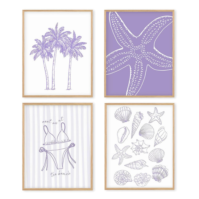 Boat Wades Purple Coastal Beach Unframed Wall Art Prints,Coastal Shell Posters & Prints For Room Home Decor,Purple Seashell Trendy Wall Decor For Lake House Dorm Bedroom Decorations 8x10 Set Of 4