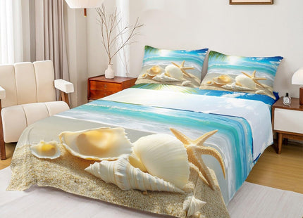 Erosebridal Beach Themed Sheets Blue Ocean Bed Sheets King Seashell Starfish Printed Sheet Set Beach Coastal Fitted Sheet for Kids Teens Adults Soft (1 Flat Sheet + 1 Fitted Sheet + 2 Pillowcases)