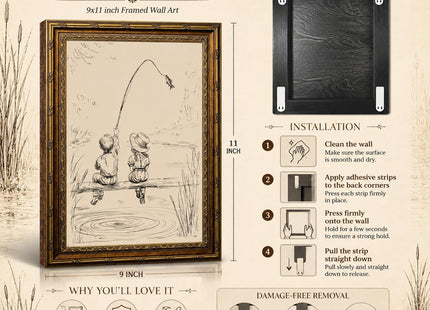 Vintage Gold Framed Wall Art, child Fishing Sketch Canvas Print, 16x12 In