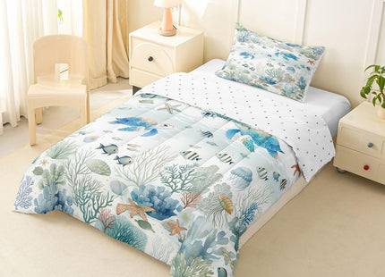 Castle Fairy Coastal Turtle Kids Comforter Set Twin Size,Fish Coral Starfish Seashell Bedding Set for Teens Adults Bedroom Decor,Ocean Beach Duvet Insert,Blue Green Quilted Duvet Set with 1 Pillowcase